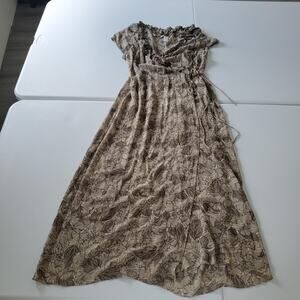 Whimsy Fairy Silk Wrap Dress Womens 8 Brown Leaf Sheer V Neck Maxi Short Sleeve